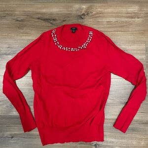 Red Holiday Sweater Embellished Neck | Ann Taylor Factory